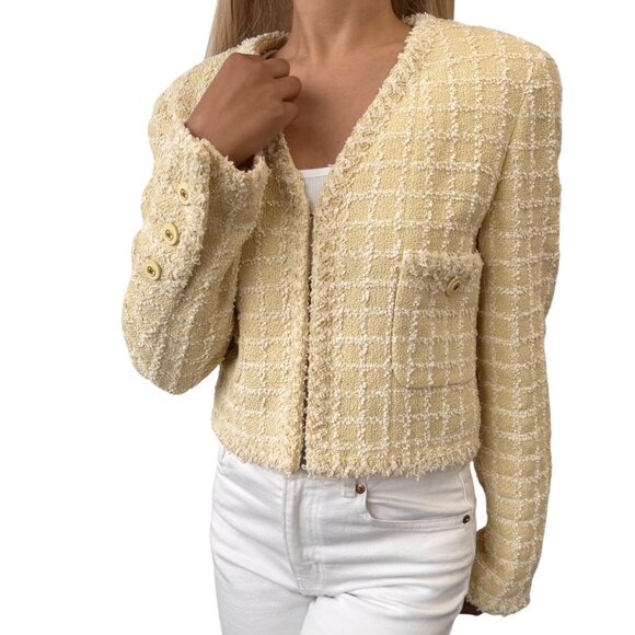 CHANEL Jackets & Blazers - CHANEL Vintage 94P CC Mark Logo Tweed Jacket #38 Yellow White Cotton  [106374]